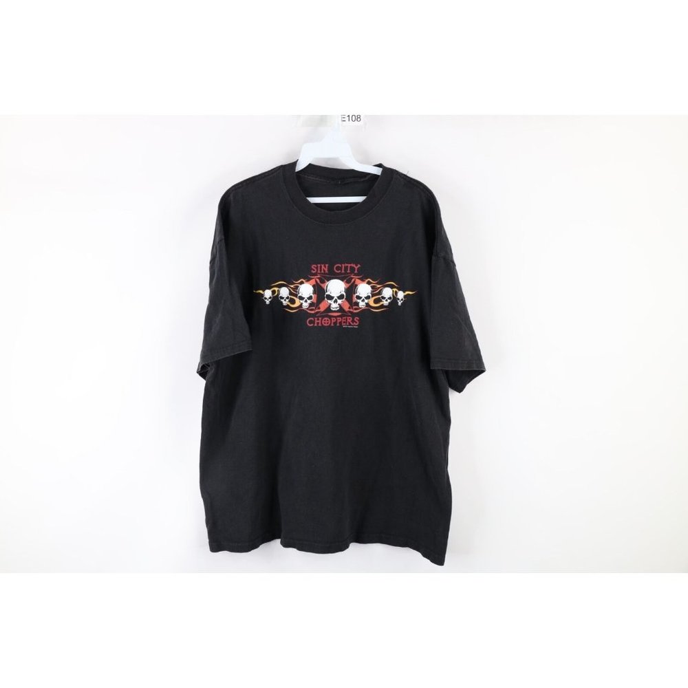 Vintage Y2K 2002 Fashion Victim XL Faded Sin City Choppers Skull Flames T-Shirt